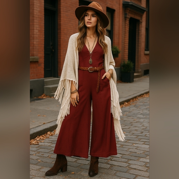 Free People One Piece Burgundy Red Wide Leg Jumper Size Small - Picture 8 of 8